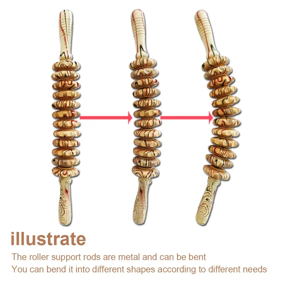 Wooden Roller Massage Stick Handheld Gear Tool 12 Wheel Rolling Tool Bendable Roller Trigger Point Made Of Pure Natural Wood